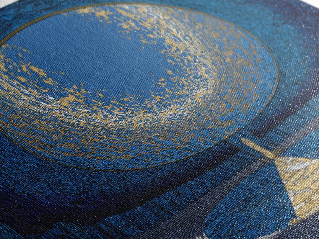 Blue Portal Chamber Wall Art, Futuristic Circular Architecture, Gold Path Canvas Print, Modern Abstract Office Decor Statement Piece