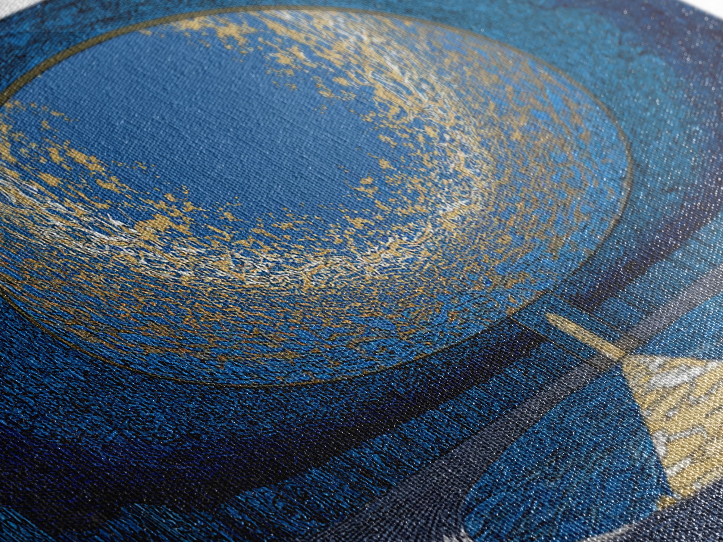 Blue Portal Chamber Wall Art, Futuristic Circular Architecture, Gold Path Canvas Print, Modern Abstract Office Decor Statement Piece
