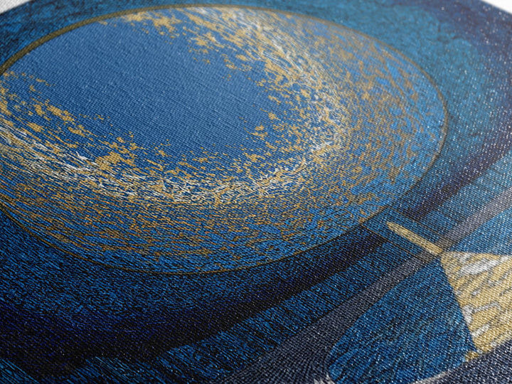 Blue Portal Chamber Wall Art, Futuristic Circular Architecture, Gold Path Canvas Print, Modern Abstract Office Decor Statement Piece