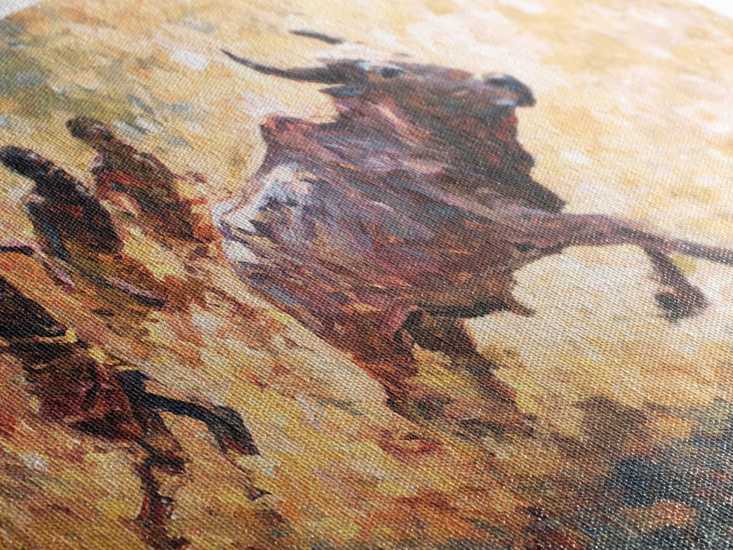 Painterly African Bull Chase Canvas Print, Sunlit Cattle Race With Runners, Rustic Safari Decor, Dynamic Cultural Wall Art