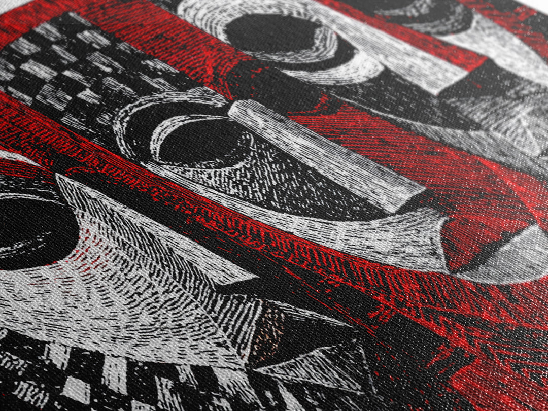 Three Red Black And White African Masks, Canvas Print, Tribal Mask Art, Abstract African Art Decor, Statement Wall Decor Gift