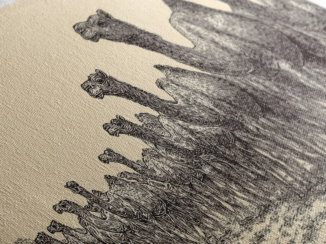 Ink Sketch Camel Herd Across Desert Wall Art, African Safari Art Print, Black And White Tribal Decor, Camel Artwork For Living Room