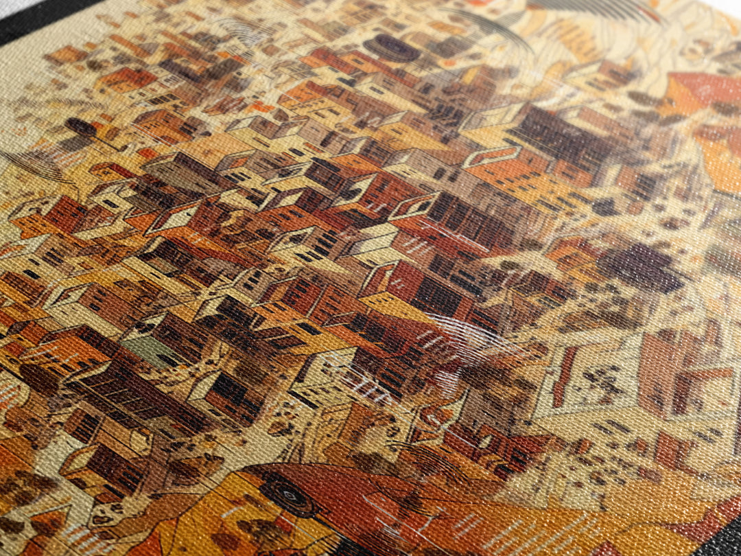 Sunlit Desert City Aerial Wall Art, African Landscape, Terracotta Architecture Print, Modern Boho Office Decor Gift For Him