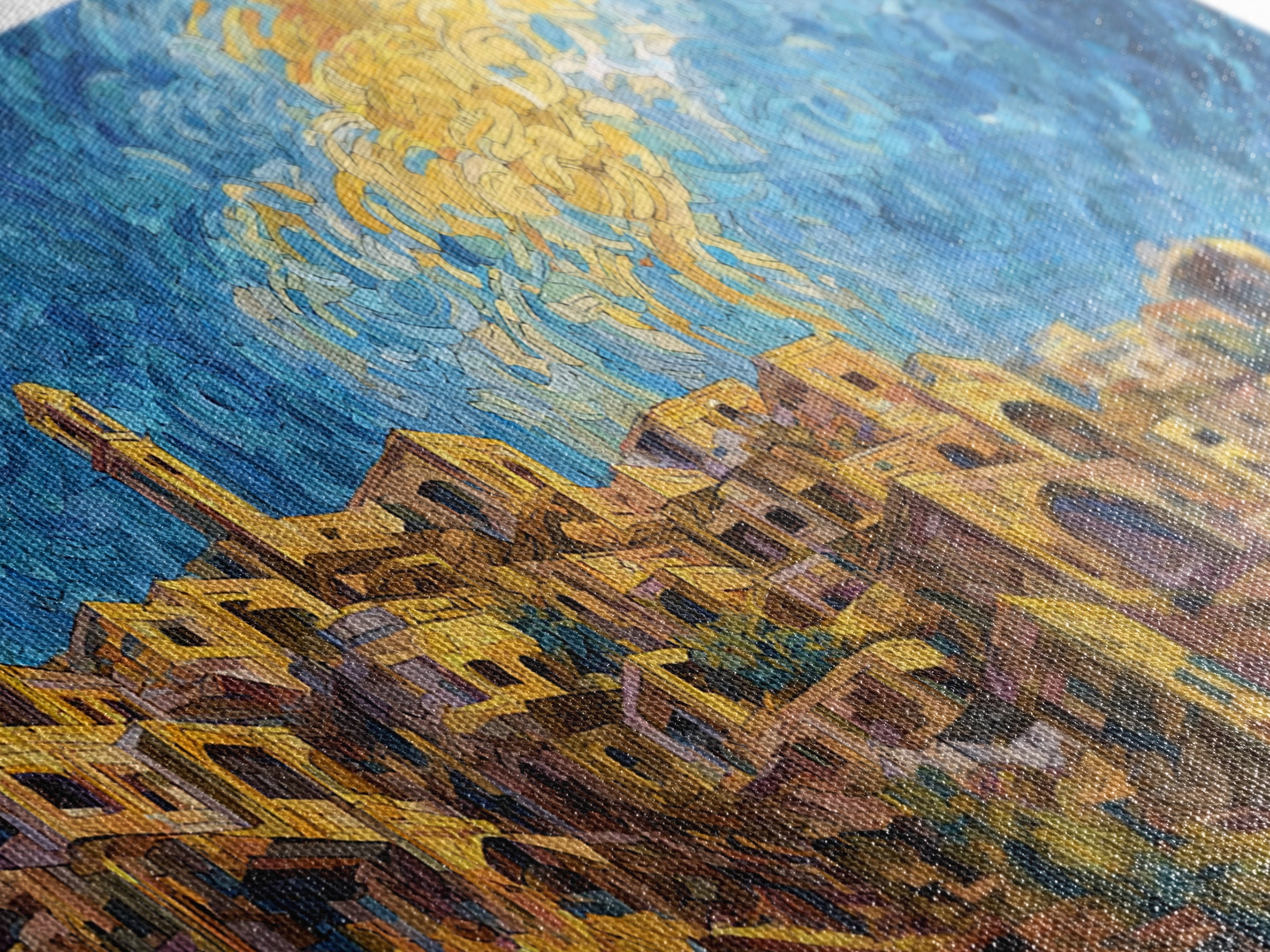 Swirling Sky Desert Village Framed Canvas Print, African Landscape Wall Art, Dreamy Blue Gold Home Decor, Unique Gift Idea