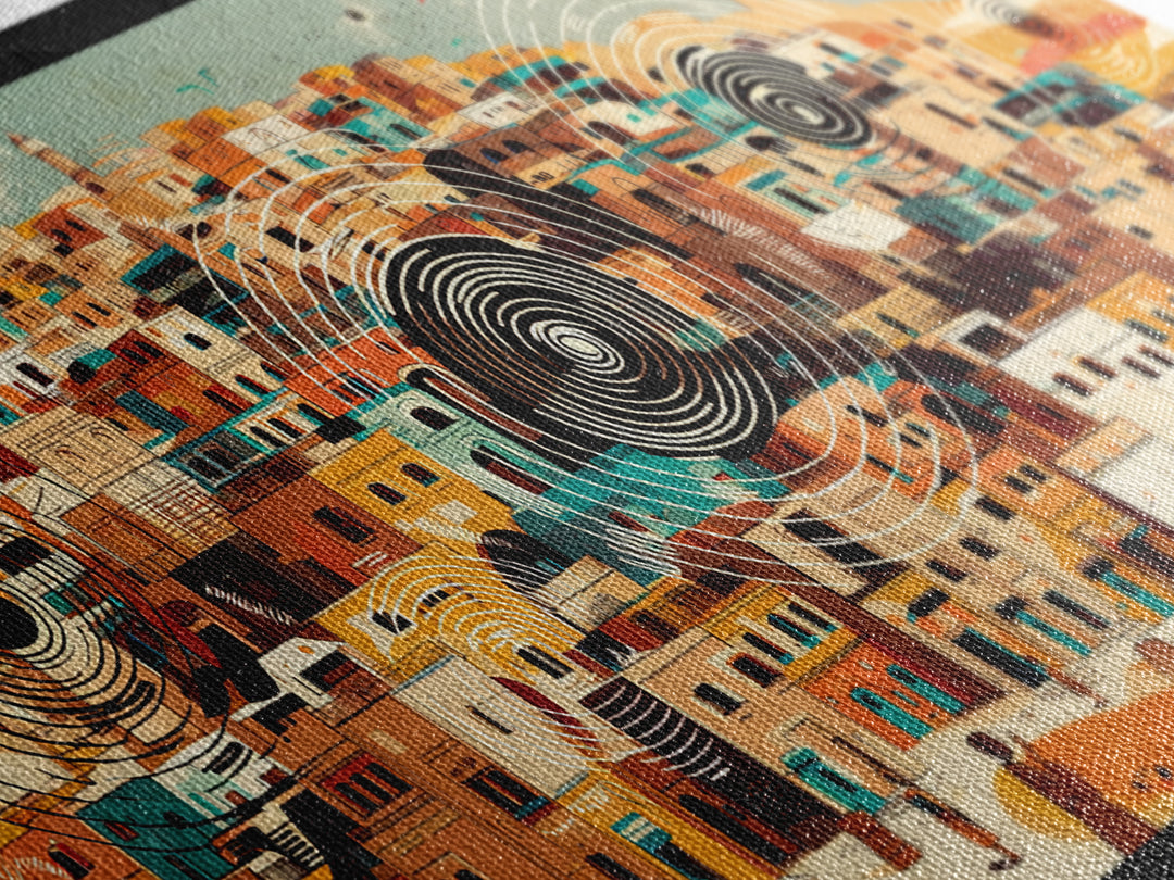 Panoramic Desert City With Circular Motifs Canvas Print, African Landscape, Modern Wall Art, Terracotta Home Decor Gift For Him