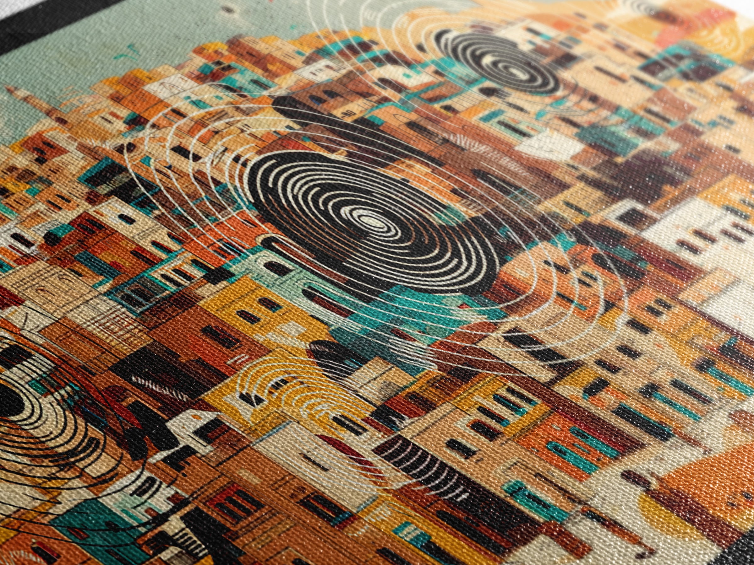 Panoramic Desert City With Circular Motifs Canvas Print, African Landscape, Modern Wall Art, Terracotta Home Decor Gift For Him