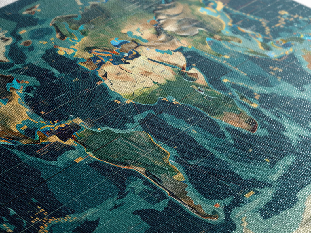 Teal Illustrated World Map Wall Art, Digital Art, Office Decor, Modern Wall Decor, Large Canvas Wall Art, Gift For Travelers