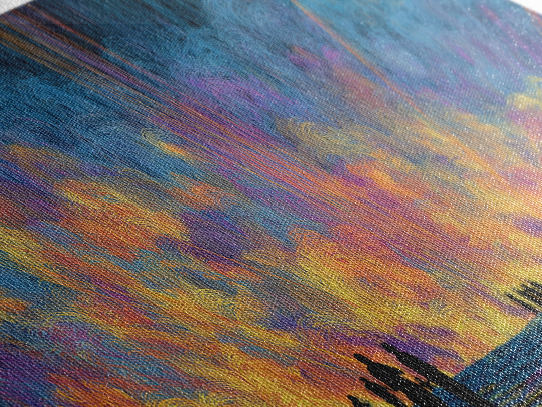 Cosmic Sunset Figures By The Sea Canvas Print, Colorful Wall Decor, Modern Abstract Art, Statement Wall Art, Unique Gift