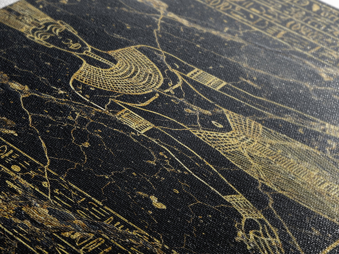 Gold Egyptian Queen Wall Art, African Egyptian Art Canvas Print, Hieroglyph Goddess Portrait, Black And Gold Home Decor Gift