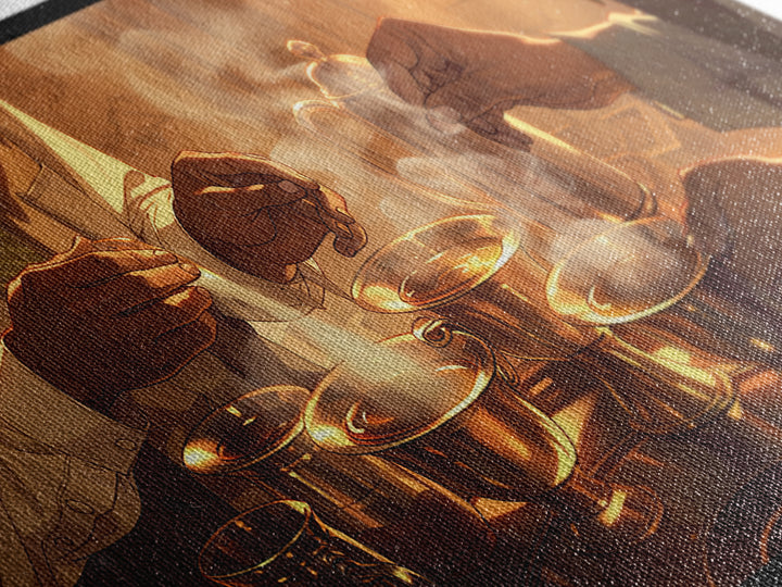 Golden Hands Pouring Tea Canvas Print, African Inspired Kitchen Wall Decor, Cultural Art Print For Warm Dining Room Home Decor