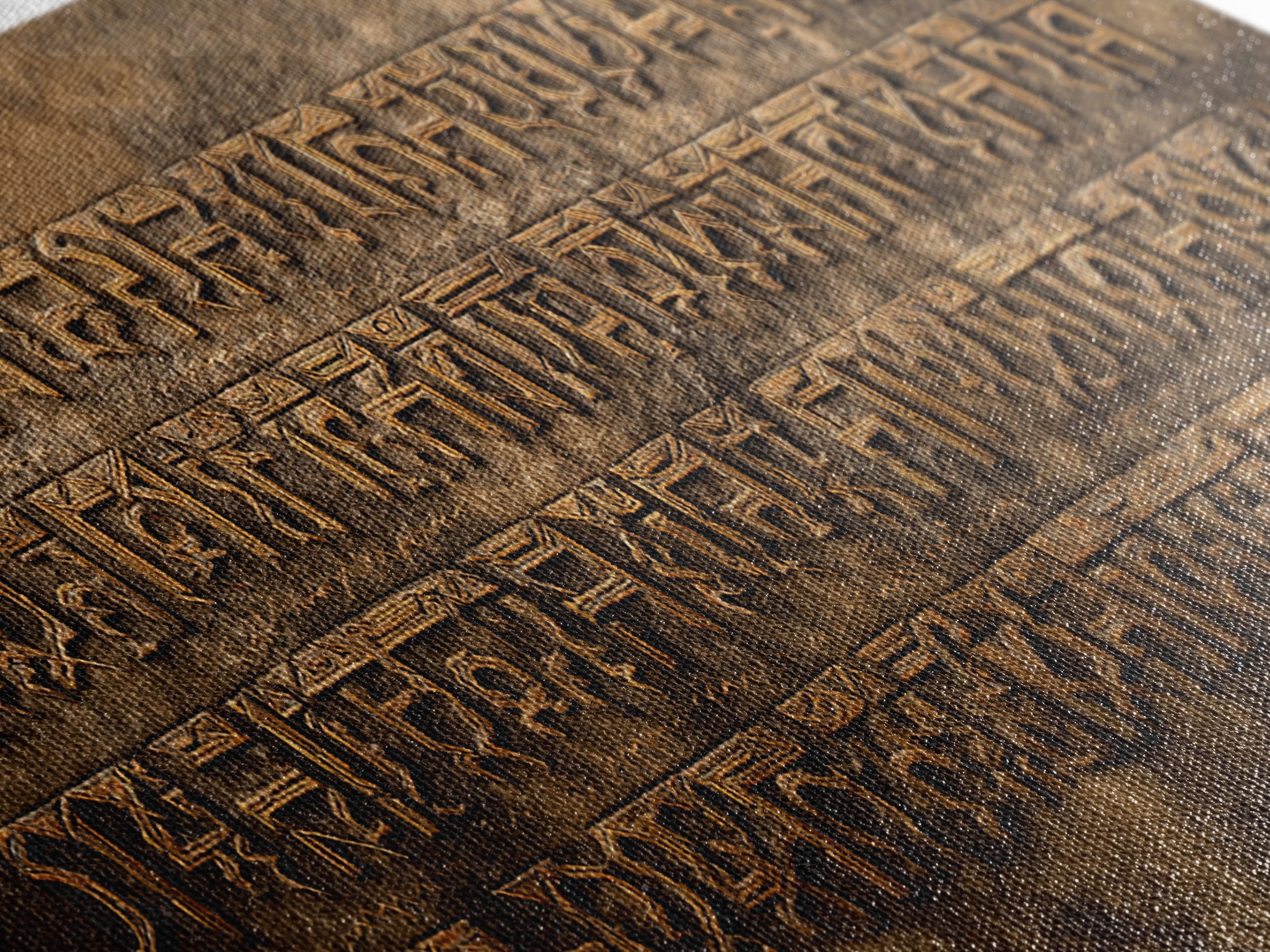 Engraved Ancient Script Canvas Print, Earth Tone Stone Calligraphy Wall Decor, Spiritual Cultural Art For Office Or Study