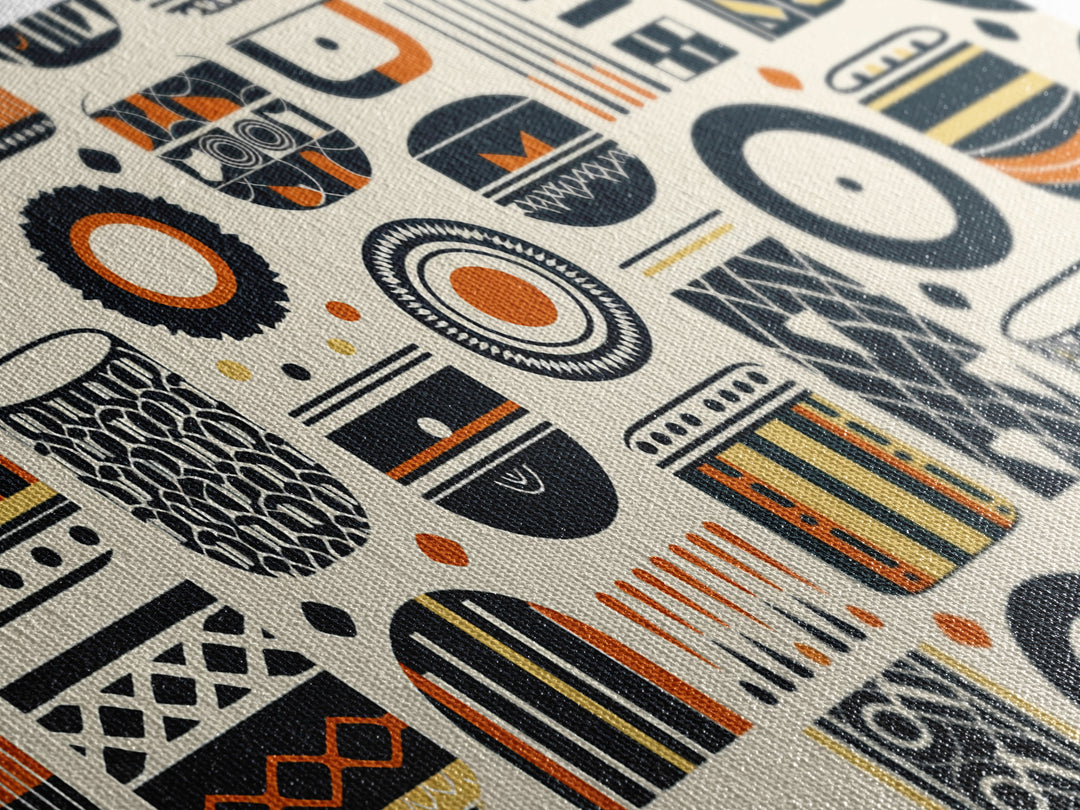 African Tribal Pattern Canvas Print, Black Orange Textile Wall Art, Afrocentric Geometric Decor, Boho Home Decor Gift For Living Room