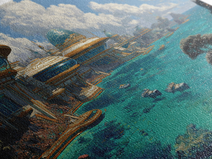 Afrofuturism Ocean City Framed Canvas Print, Futuristic African Coastal Wall Art, Turquoise Sci Fi Home Decor Gift For Office