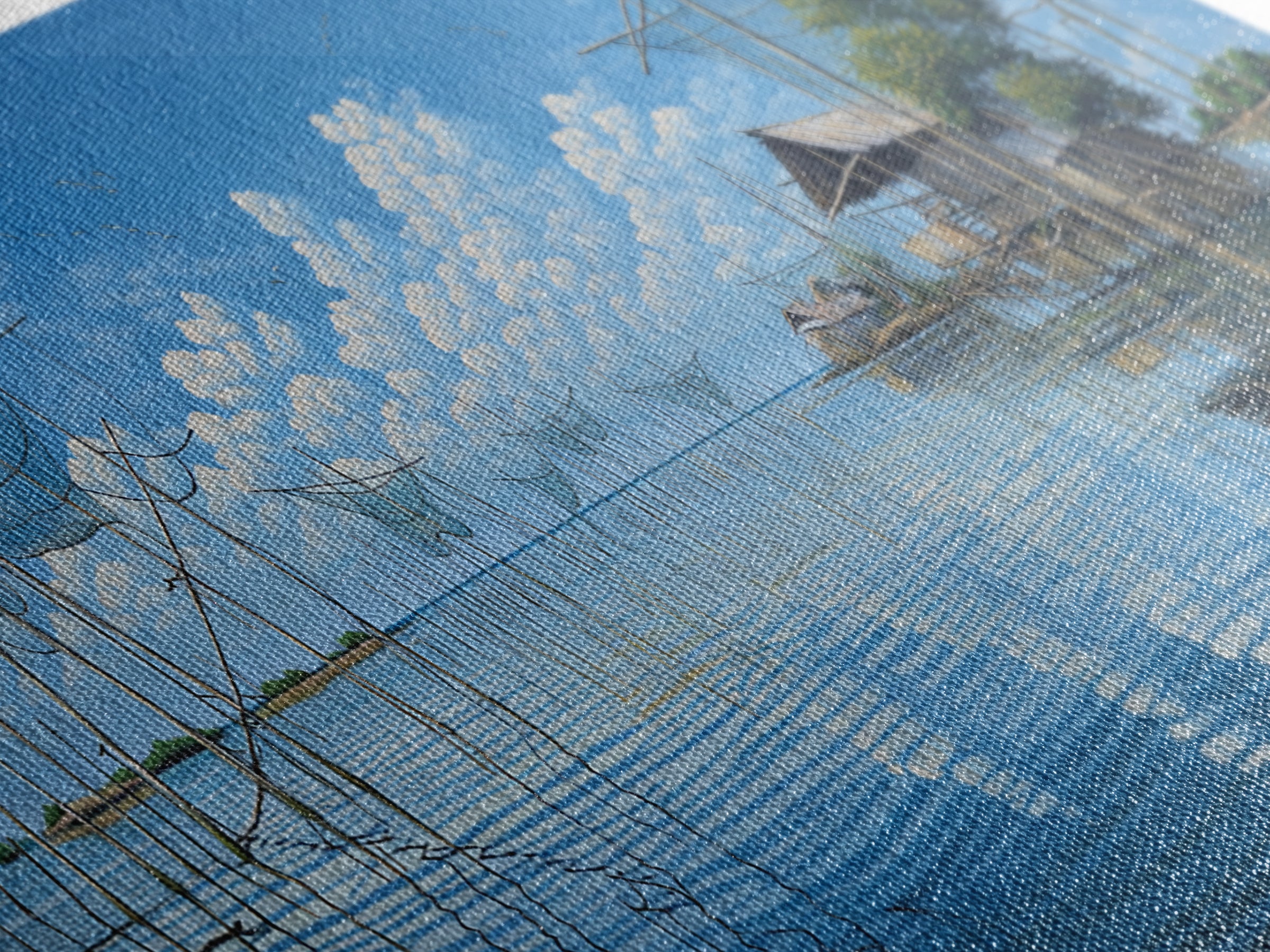 Calm Lake Fishing Nets Wall Art, Blue Sky Reflections Canvas Print, Coastal Landscape, Nature Scene Art, Serene Home Decor
