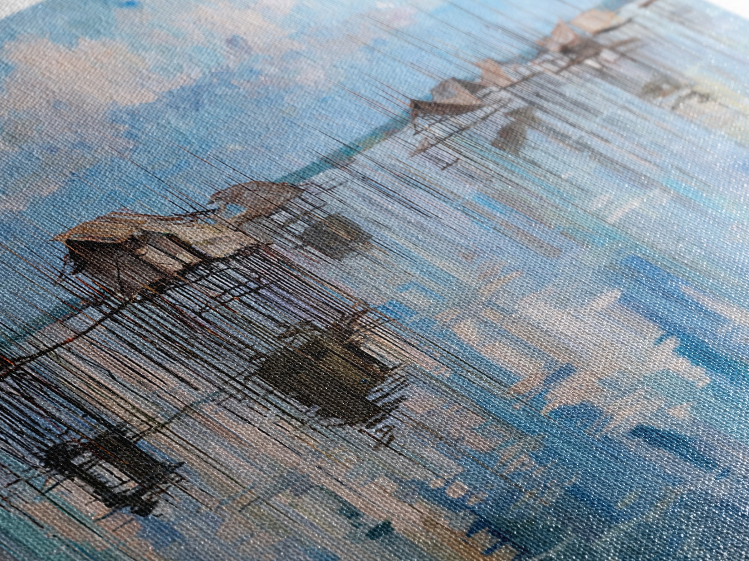 Blue Stilt Village Seascape Reflections Wall Art, Coastal Water Village Canvas Decor, Serene Sky Painting, Living Room Decor