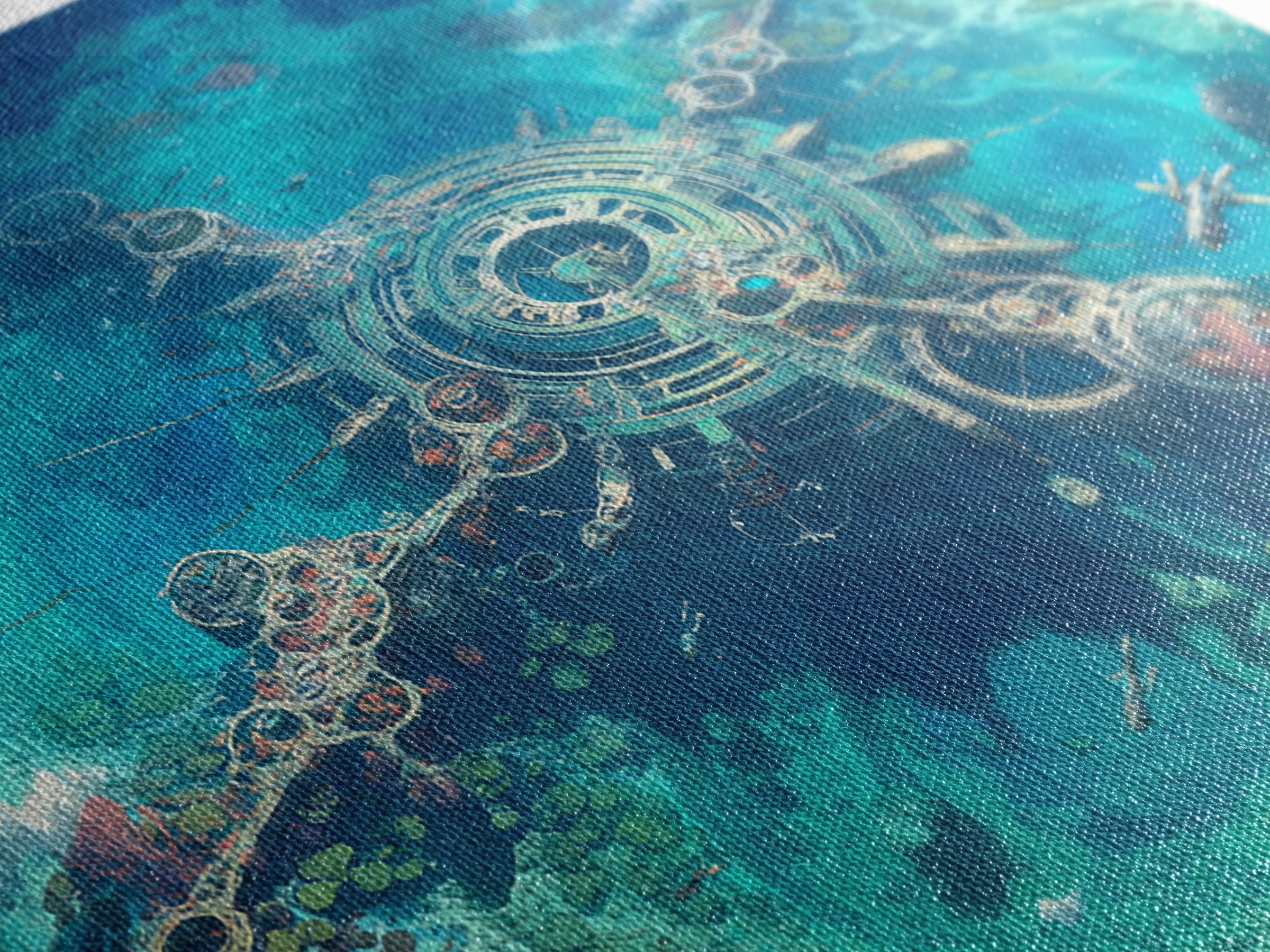 Futuristic Ocean City Aerial Canvas Print, Turquoise Sci Fi Island Wall Decor, Modern Digital Art, Unique Coastal Home Decor