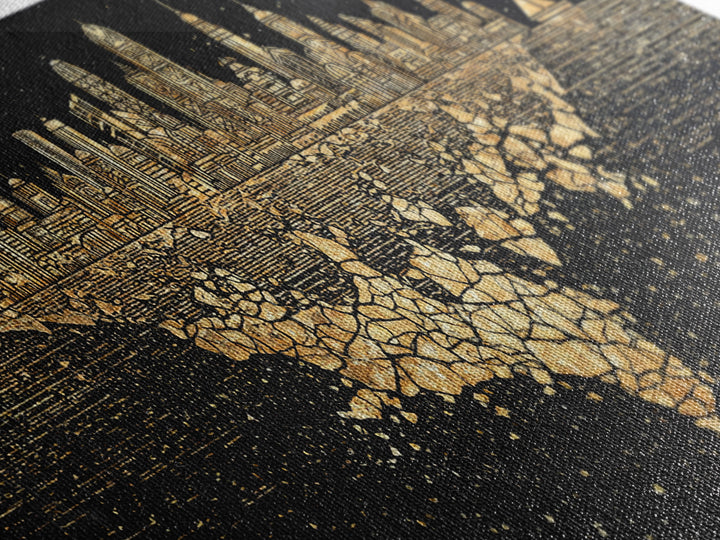 Gold Floating Skyline Wall Art, Black And Gold Art, Modern Cityscape Poster, Abstract Urban Decor, Statement Canvas Print