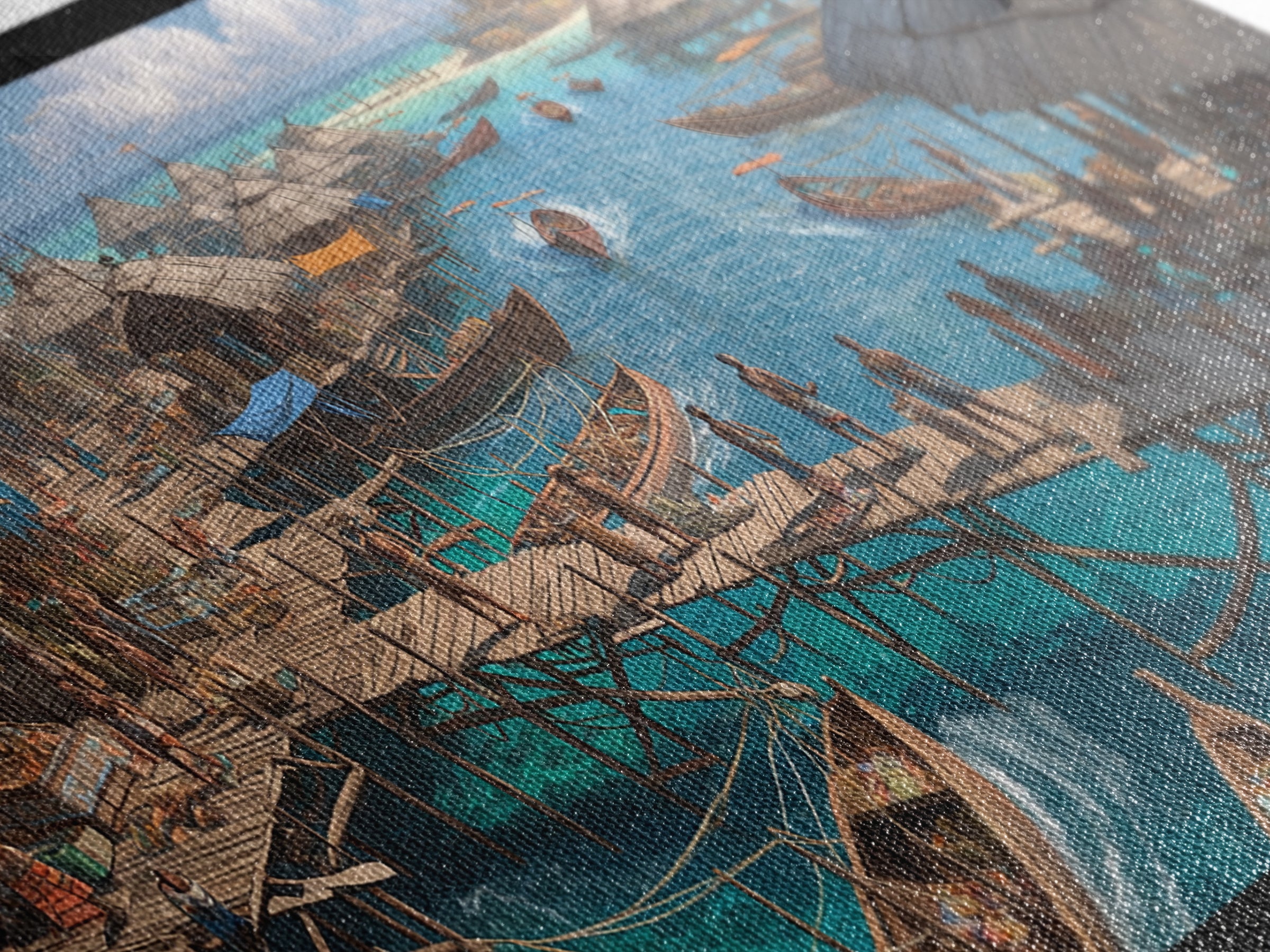 Tropical Stilt Village Wall Art, African Coastal Harbor, Fishing Boats, Teal Water Decor, Safari Travel Canvas Print, Unique Home Decor