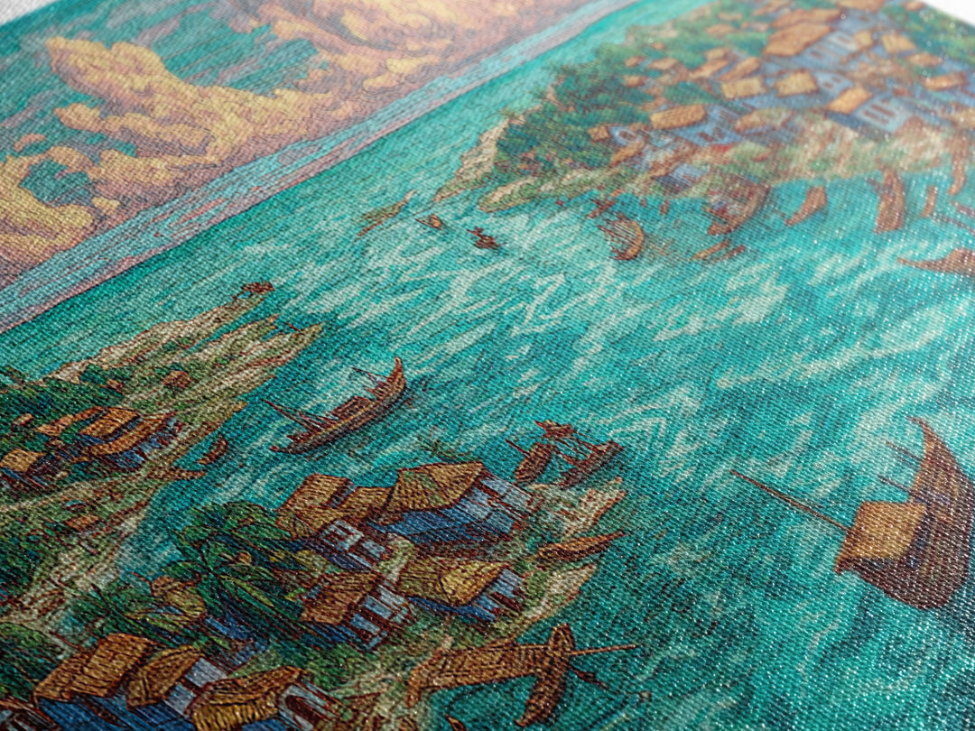 Turquoise Island Fishing Village Wall Art, African Coastal Landscape, Teal Water Decor, Nature Scene Art, Canvas Print Gift