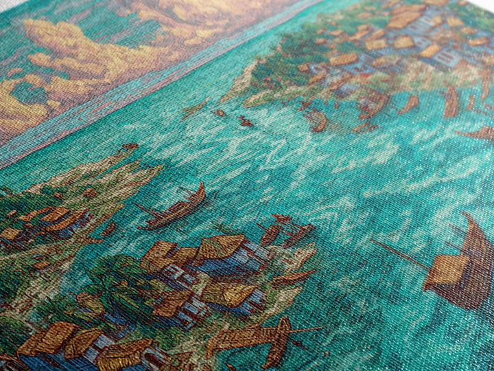 Turquoise Island Fishing Village Wall Art, African Coastal Landscape, Teal Water Decor, Nature Scene Art, Canvas Print Gift