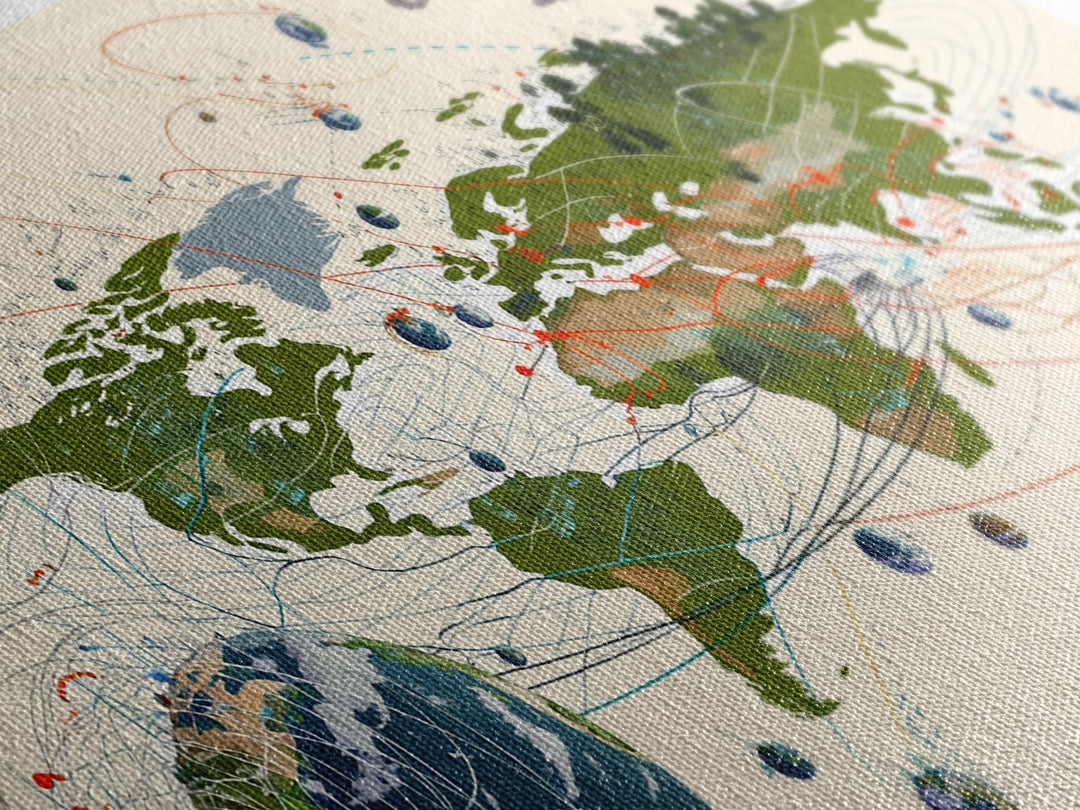 Global Network Map With Africa Orbitals Wall Art, Digital World Map Art, Modern Office Decor, Futuristic Abstract Art Print