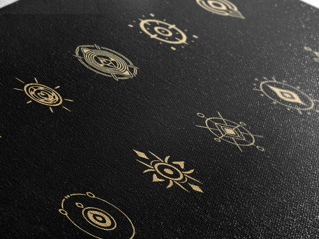 Gold African Tribal Sun Symbols On Black Canvas Print, Minimalist Afrocentric Wall Art, Spiritual Decor, Ethnic Pattern Art