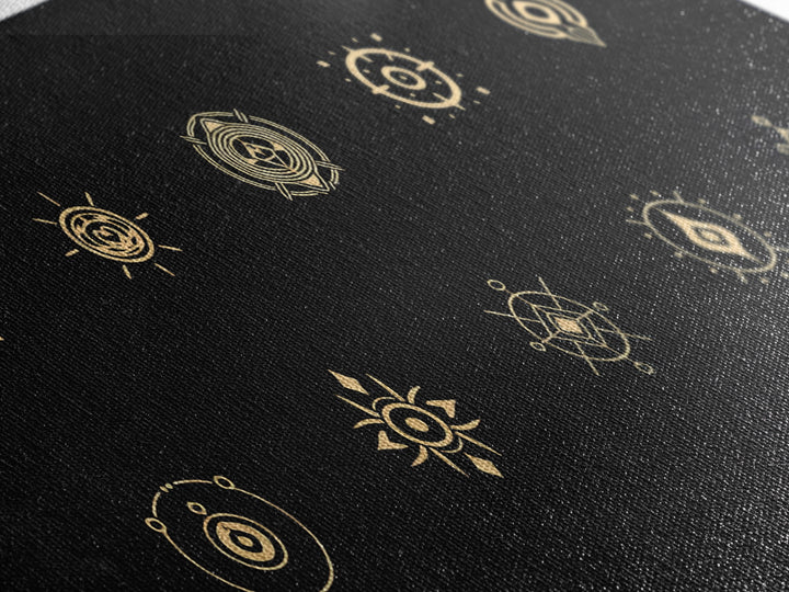 Gold African Tribal Sun Symbols On Black Canvas Print, Minimalist Afrocentric Wall Art, Spiritual Decor, Ethnic Pattern Art