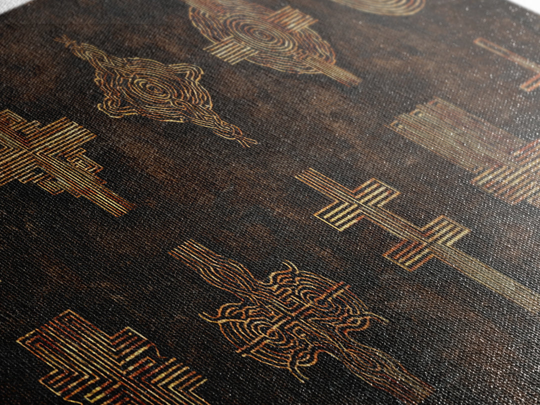 Gold Tribal Cross Symbols On Dark Texture Wall Art, African Patterns, Abstract African Art, Cultural Wall Decor, Modern Canvas