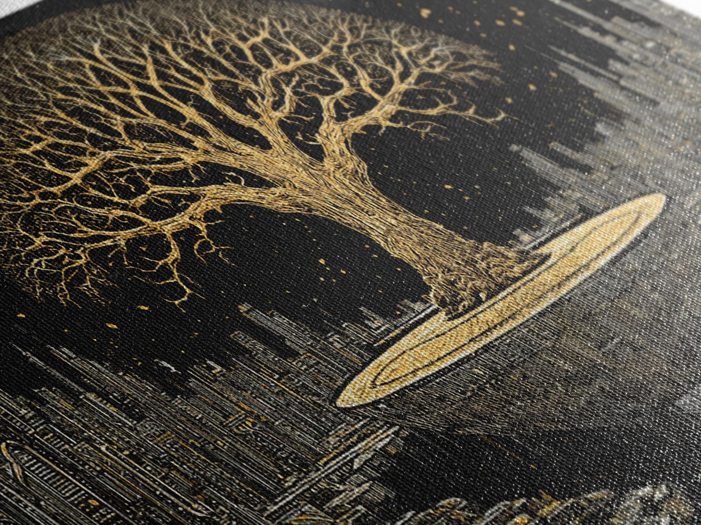 Golden Tree Of Life Over Futuristic City Wall Art, Black And Gold Art, Spiritual Wall Art, African Inspired, Statement Decor