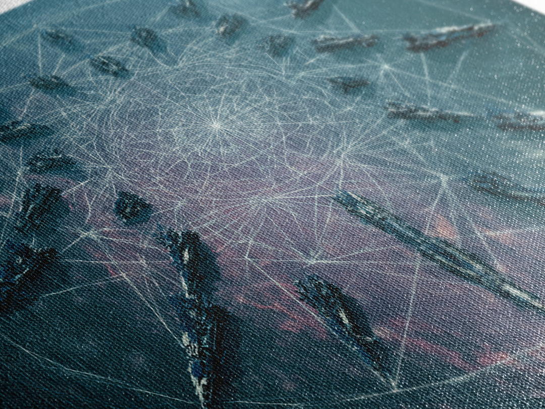 Sci Fi Naval Fleet In Circular Formation Canvas Print, Digital Art, Modern Wall Art, Teal Statement Wall Decor, Unique Gift