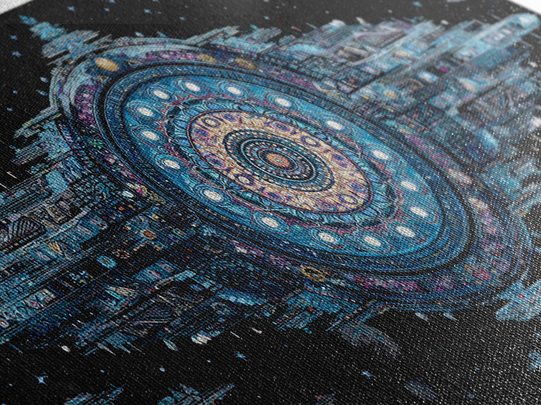 Ornate Cosmic Space Station Canvas Print, Blue Sci Fi Mandala Wall Art, Futuristic Digital Art, Modern Office Decor Gift