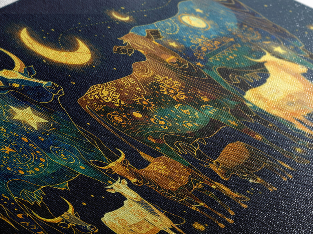 Celestial Folk Cattle And Goats Wall Art, Gold Blue Animal Canvas Decor, Moon Stars Farm Painting, Boho Home Decor Gift For Her