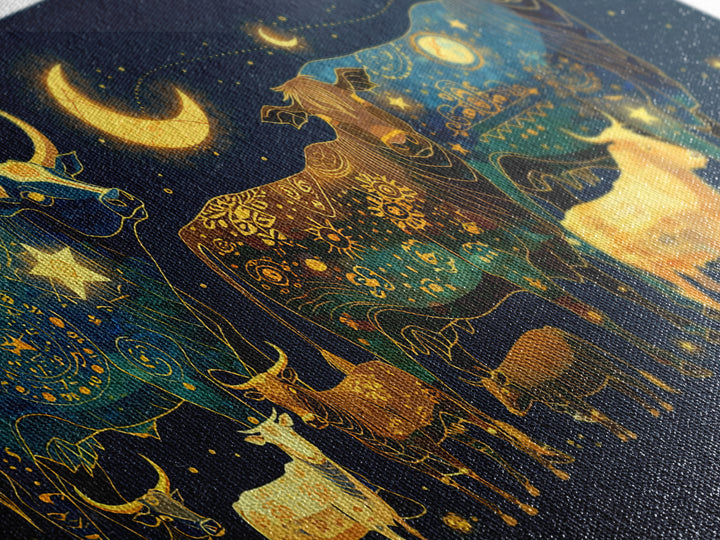 Celestial Folk Cattle And Goats Wall Art, Gold Blue Animal Canvas Decor, Moon Stars Farm Painting, Boho Home Decor Gift For Her