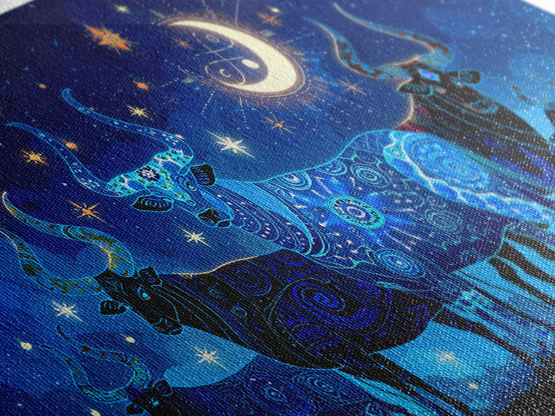 Starry Blue Cattle Under Crescent Moon Wall Art, Celestial Animal Canvas Decor, Night Sky Painting, Boho Home Decor Gift
