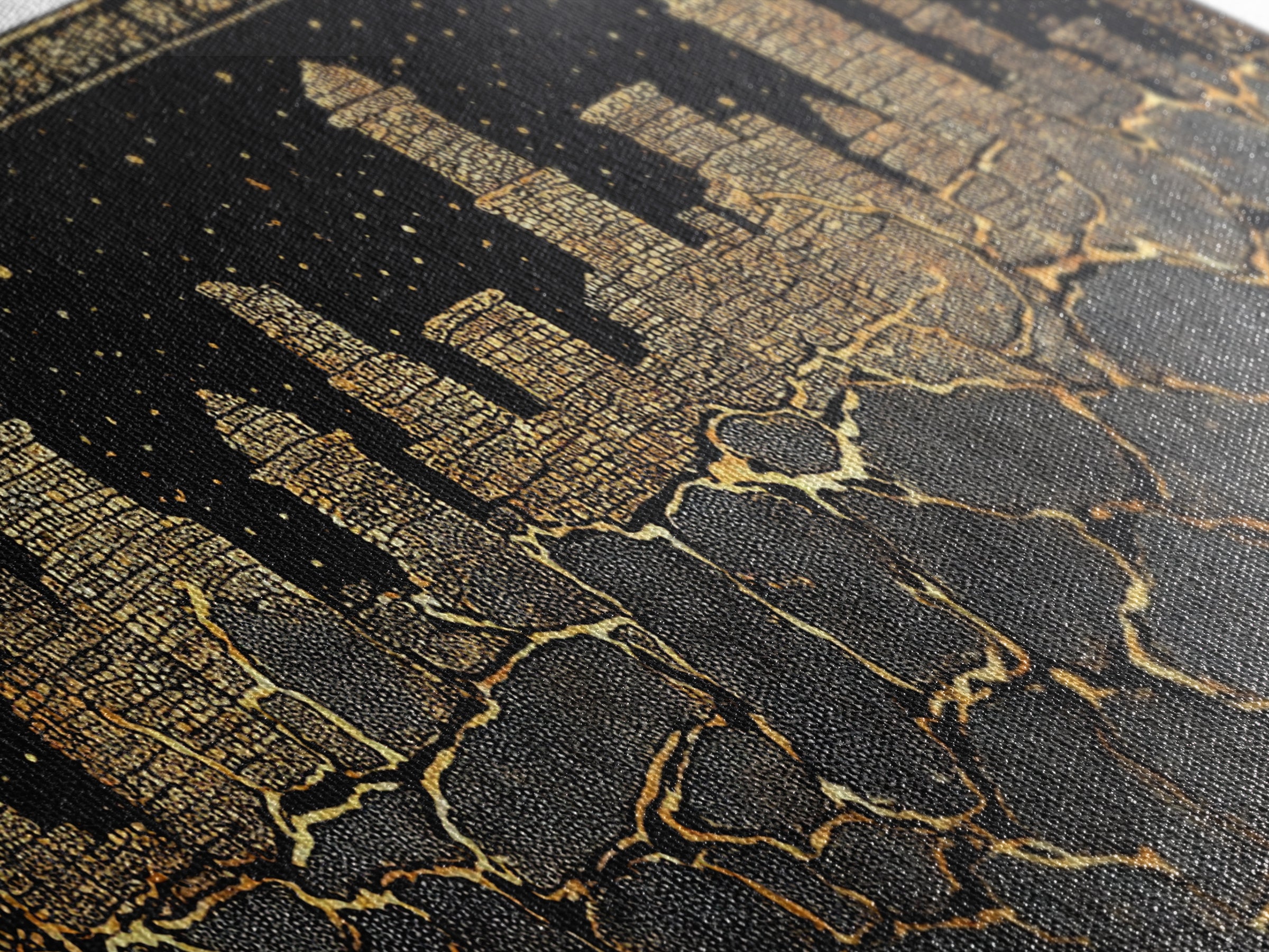 Black Gold Skyline And Cracked Earth Wall Art, African Inspired Cityscape, Luxury Canvas Decor, Bold Statement Home Decor