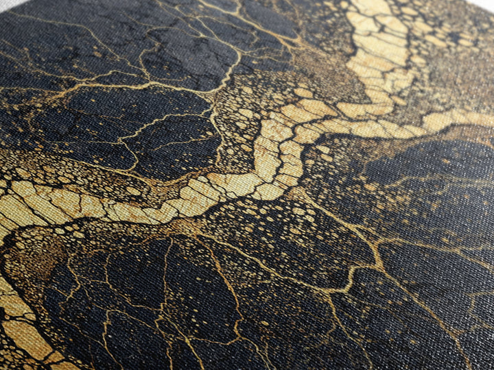 Black Gold Cracked Earth River Framed Canvas Print, Abstract African Art, Luxury Geometric Wall Decor For Modern Home Office