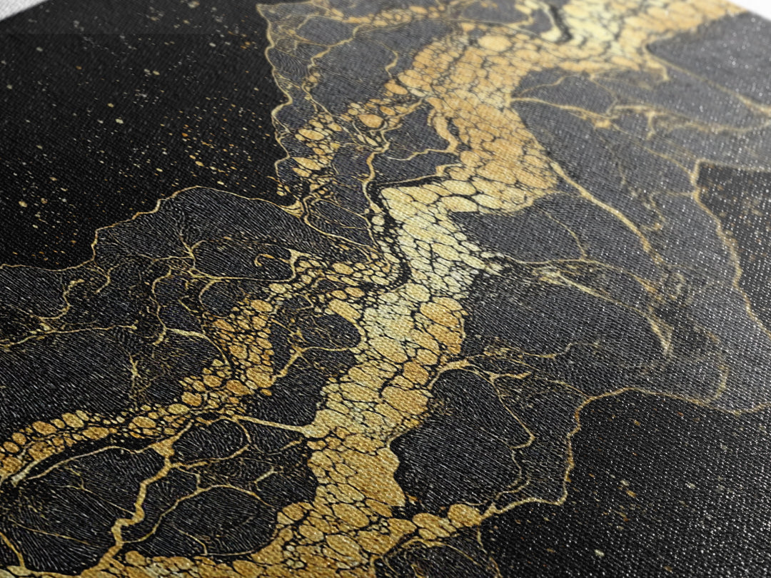 Golden Mountain Vein Abstract Wall Art, Black And Gold African Inspired Canvas Print, Luxury Statement Decor For Home Office