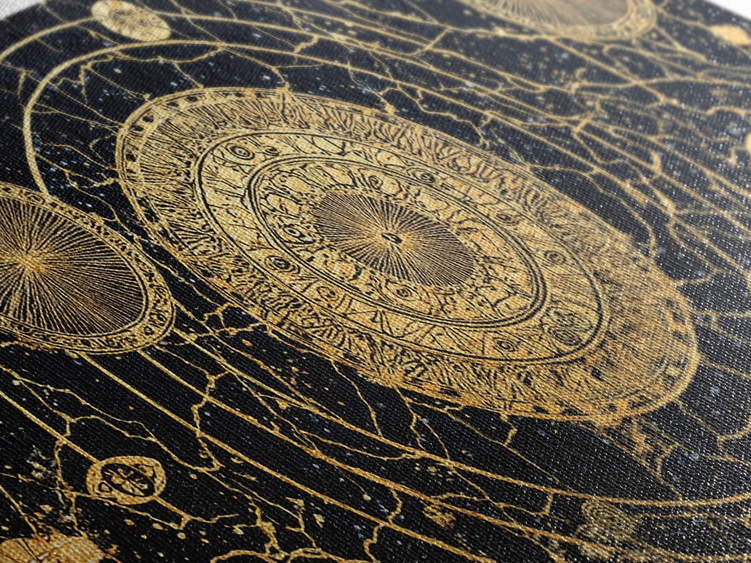 Gold Celestial Mandala Map Wall Art, African Abstract Black And Gold Decor, Luxury Canvas, Spiritual Boho Home Decor, Statement Piece