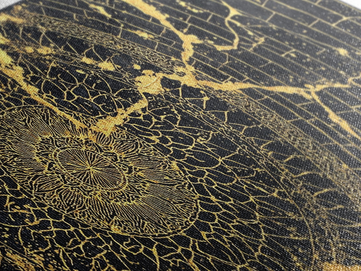 Gold Spiral Geometric Web Wall Art, Abstract African Art Print, Black Gold Decor, Modern Boho Statement Canvas For Living Room
