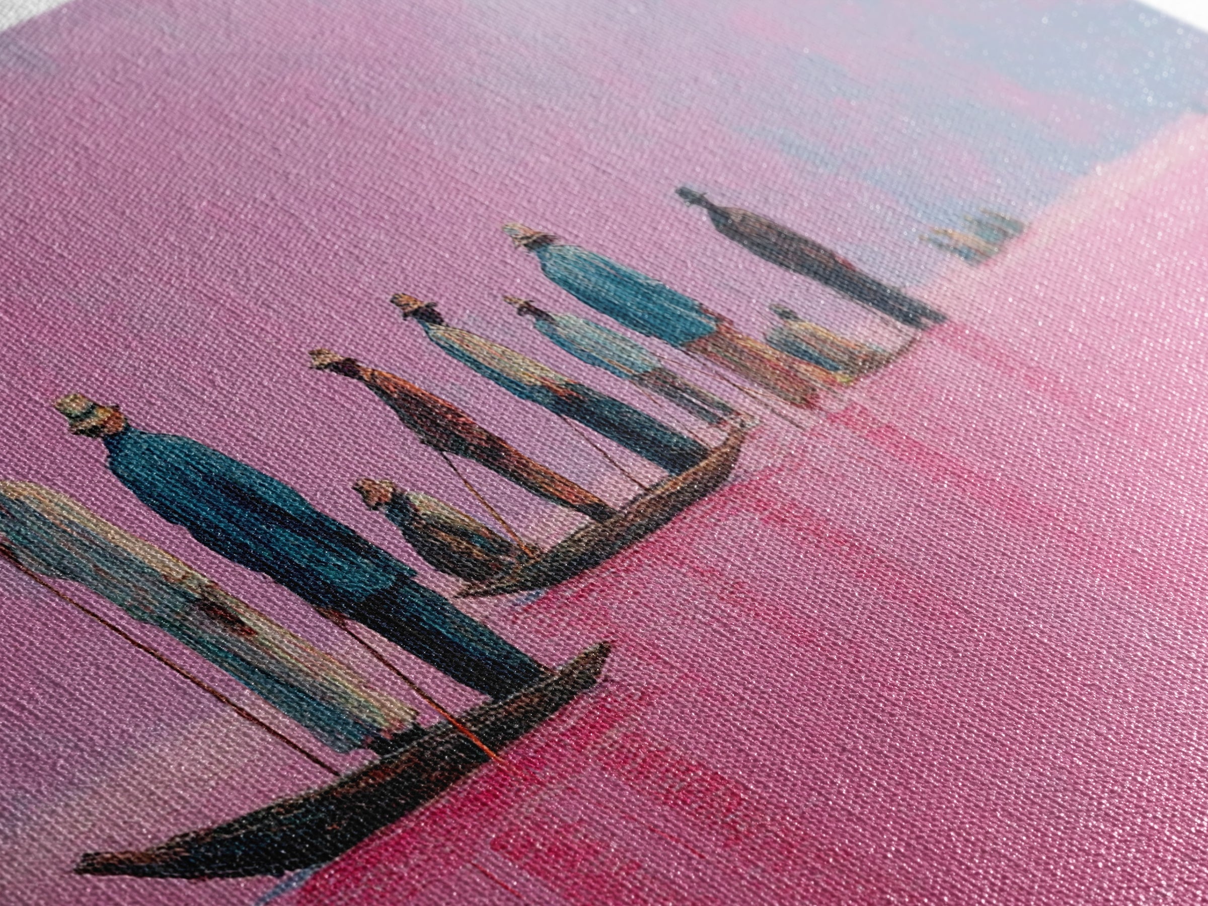 Pink Lake Fishermen On Long Boat Canvas Print, African Travel Landscape, Minimalist Coastal Decor For Modern Living Room