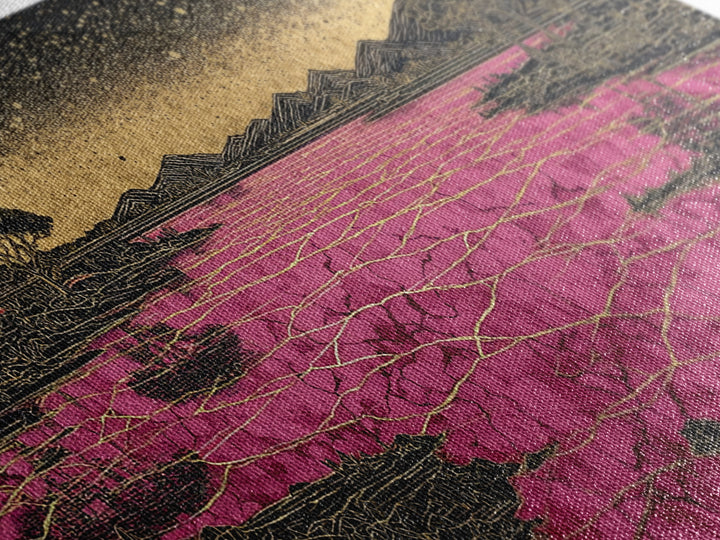 Cracked Pink Lake Savannah Wall Art, African Landscape, Black Gold Boho Decor, Serengeti Inspired Canvas For Living Room