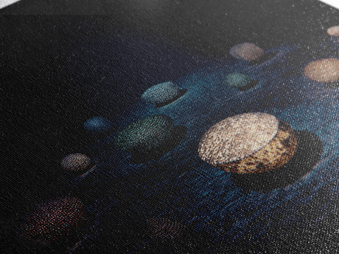 Glowing Beaded Bowls Wall Art, Abstract African Night Water Scene, Luxury Dark Canvas Decor, Modern Gallery Gift For Living Room