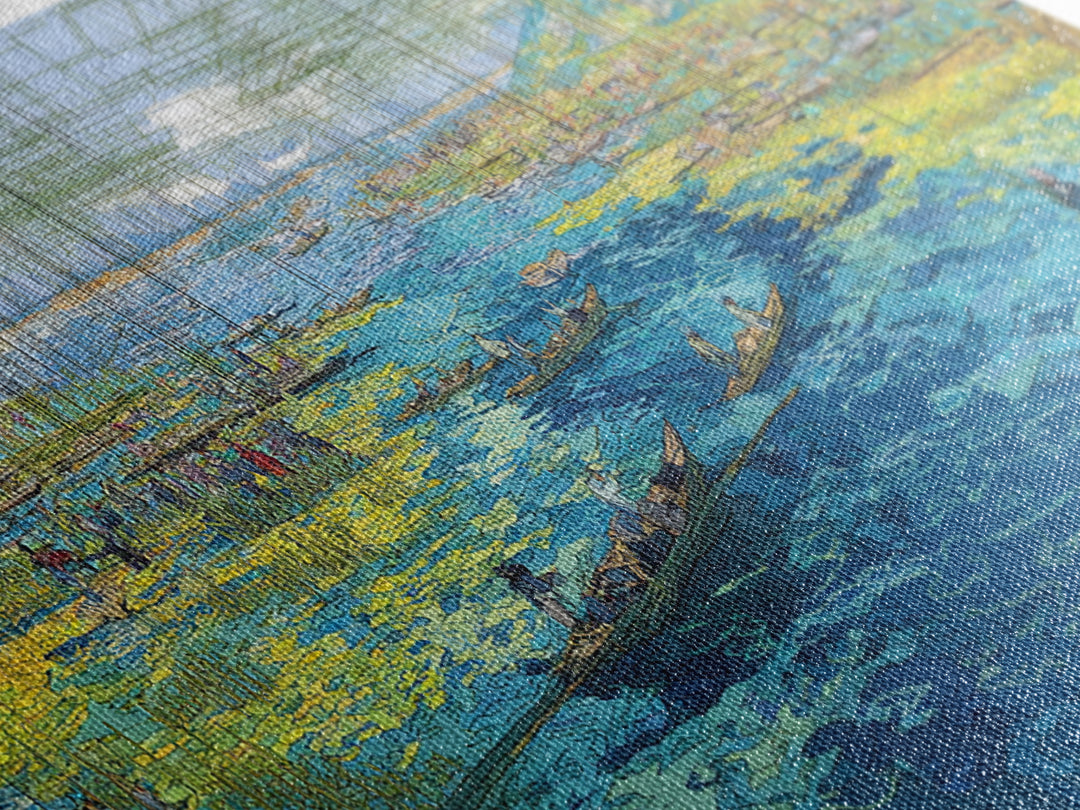 Abstract Blue Wetlands With Boats Canvas Print, Modern African Art, Coastal Landscape, Teal Wall Decor, Large Living Room Art
