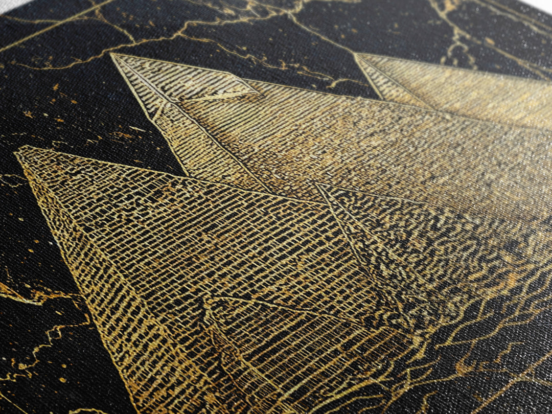 Golden Line Egyptian Pyramids Wall Art, Black Gold Canvas Print, Ancient African Artwork, Luxury Cultural Home Decor Gift