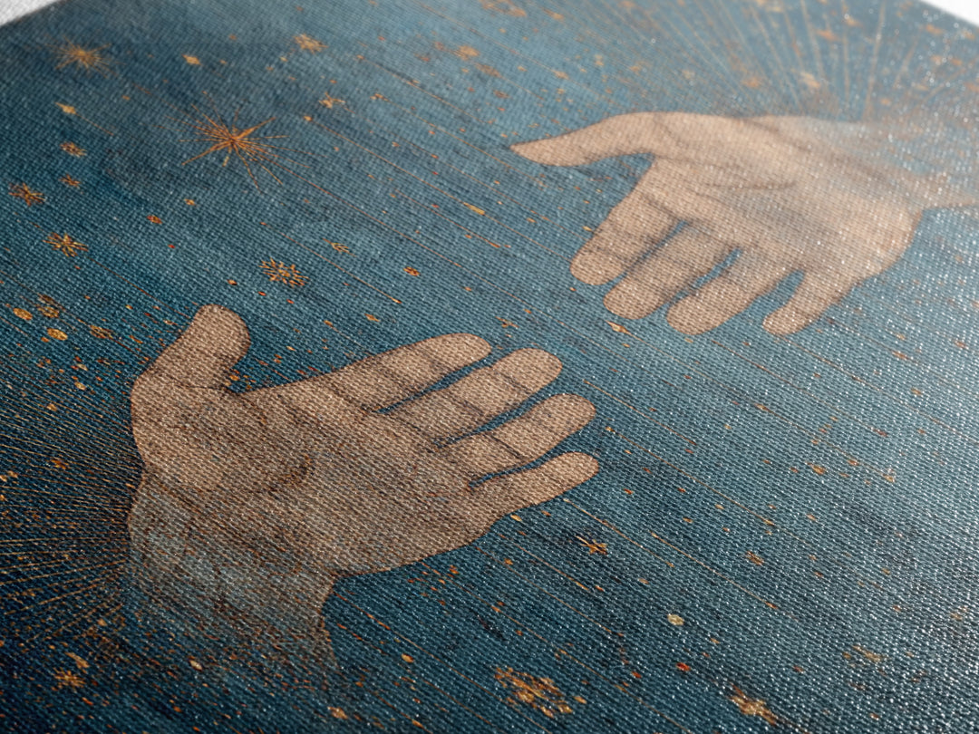 Two Open Hands With Golden Stars Teal Wall Art, Spiritual Wall Art, Mystical Wall Art, Feminine Wall Art, Unique Home Decor