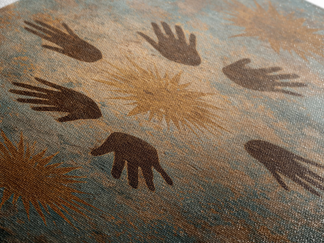 Ancient Handprint Symbols Wall Art, Tribal Abstract Painting, Earth Tone Spiritual Decor, Rustic Cultural Home Decor Gift