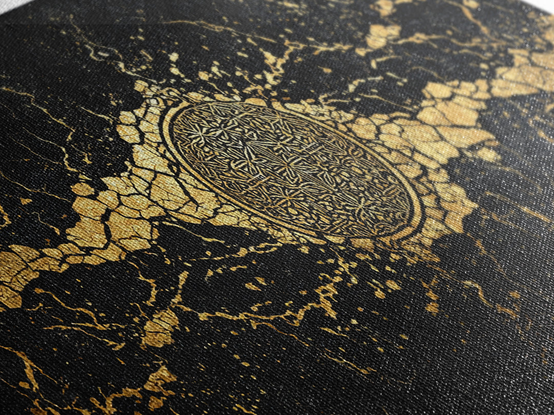 Black And Gold Medallion Canvas Print, Luxury Abstract Wall Decor, Cracked Marble Texture, Elegant Statement Home Decor Gift