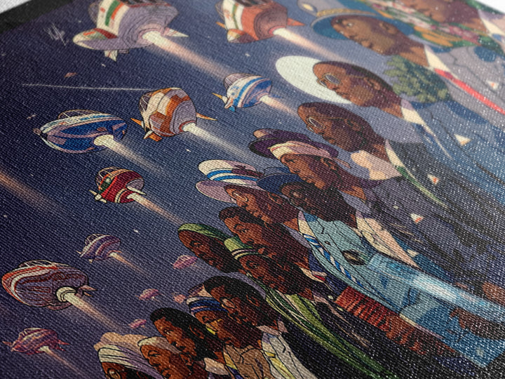 Afrofuturist Skywatchers Canvas Print, Black Men In Suits With Ufo Ships, Modern Afro Wall Decor, Unique Sci Fi Statement Home Decor Gift