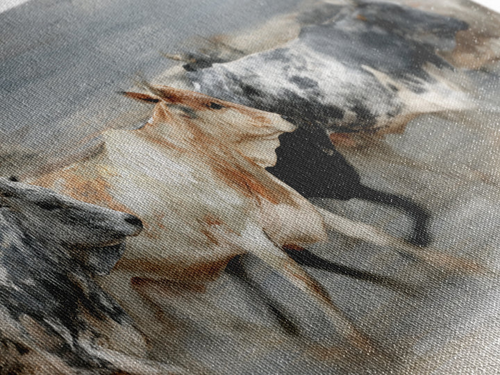 Blurred Running Cattle Herd Canvas Print, African Safari Wall Art, Modern Animal Painting, Neutral Rustic Living Room Decor