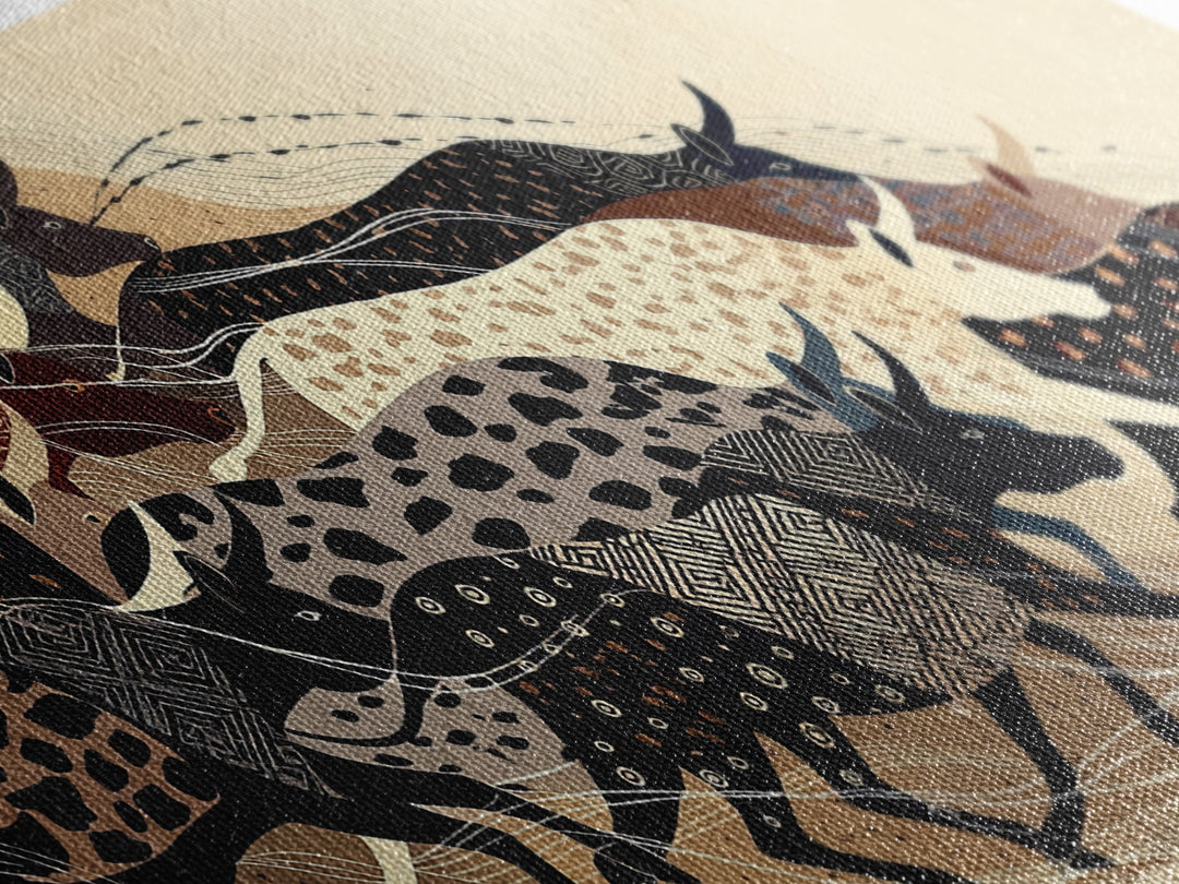 Patterned Cattle Herd Wall Art, Boho African Animal Art, Tribal Textile Canvas Print, Earth Tone Safari Unique Home Decor Gift